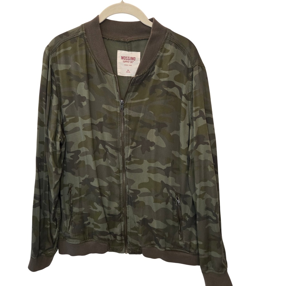 Mossimo Supply Co Womens Camo Bomber Jacket Green Viscose Zip Up XXL Camouflage